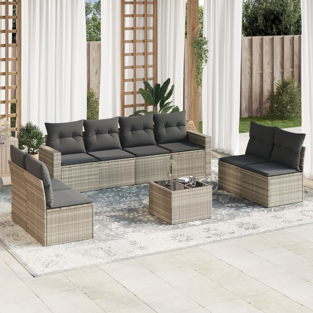 9-tlg. Garten-Sofagarnitur mit Kissen Hellgrau Poly Rattan