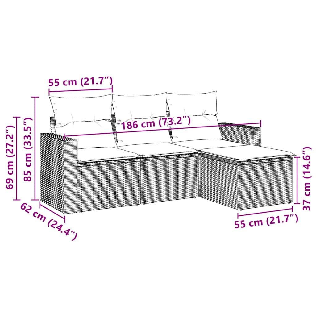 vidaXL 4-delige Loungeset met kussens poly rattan zwart afbeelding