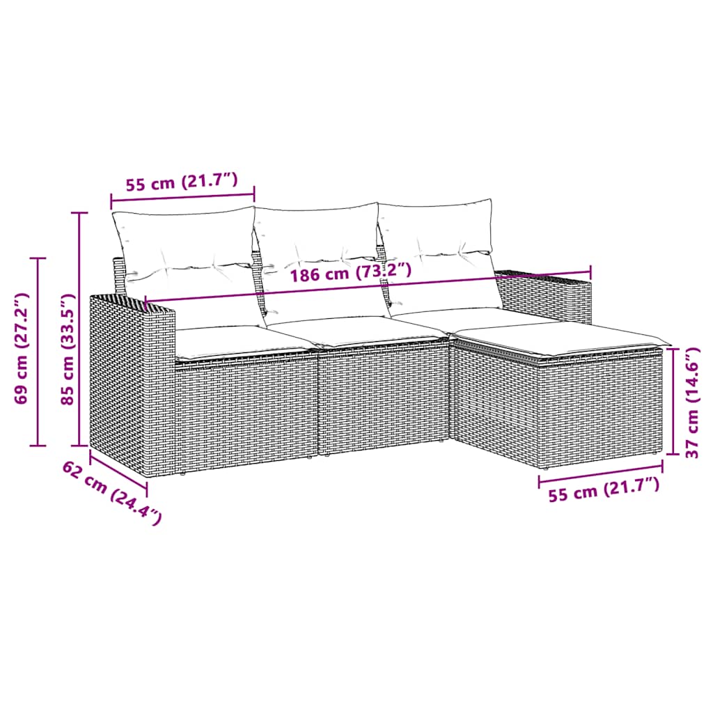 Set canapea de grădină cu perne, 4 piese, gri deschis poliratan 3251209 - imagine 3