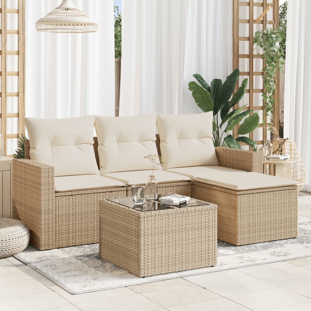 vidaXL 5-tlg. Garten-Sofagarnitur mit Kissen Beige Poly Rattan