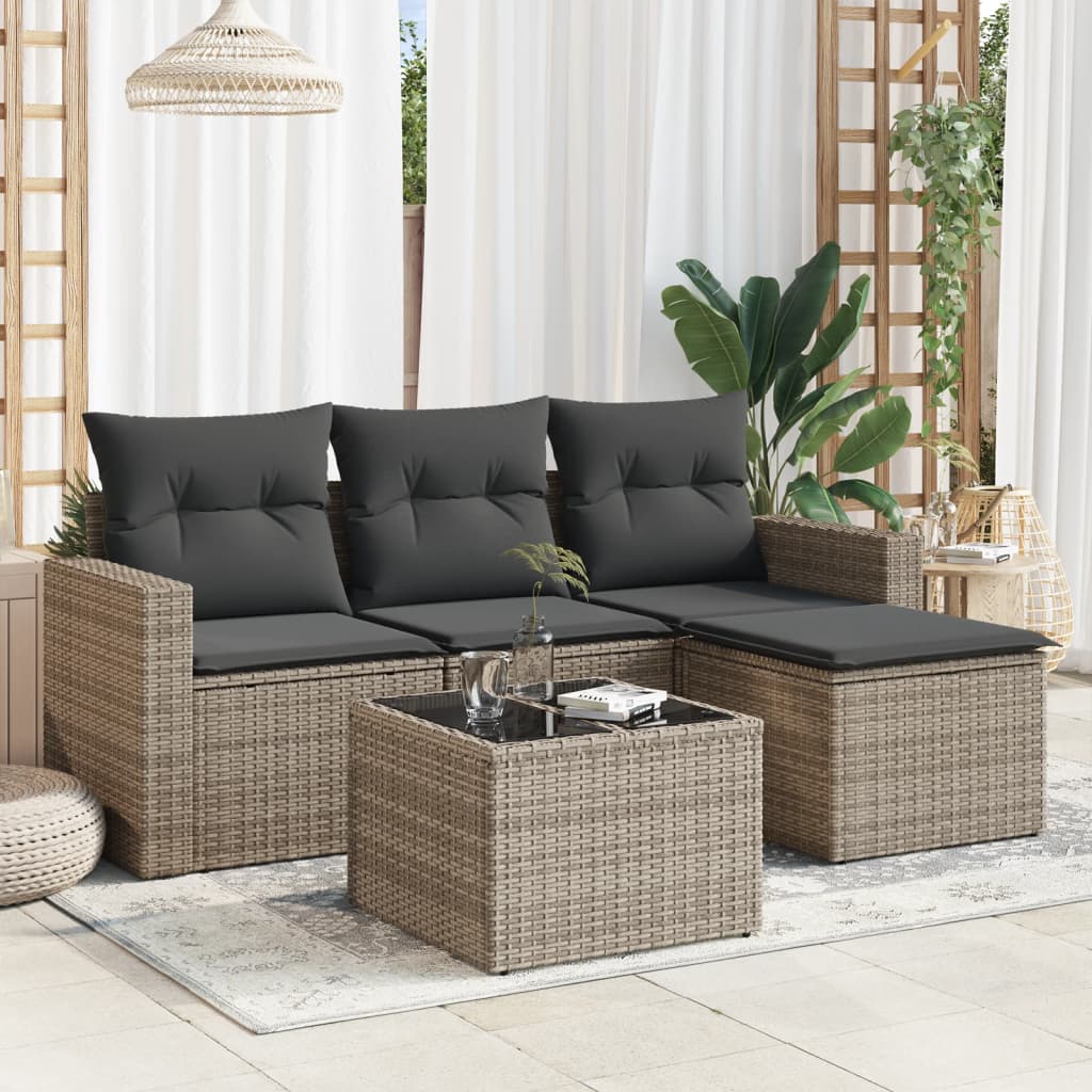 vidaXL 5 Piece Garden Sofa Set with Cushions Grey Poly Rattan