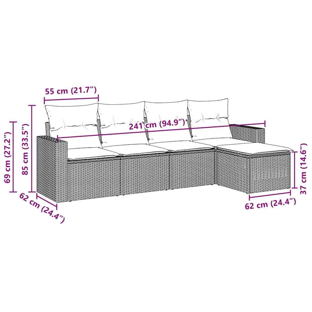 vidaXL 5-delige Loungeset met kussens poly rattan zwart afbeelding