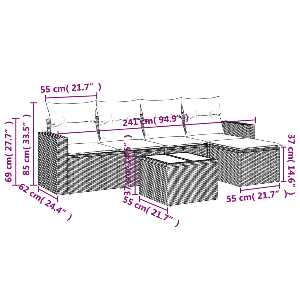 vidaXL 6-delige Loungeset met kussens poly rattan beige afbeelding