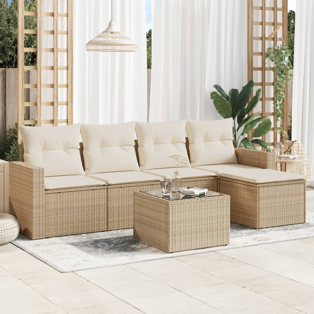 Sofasæt til haven 6 dele med hynder og opbevaring i polyrattan - beige