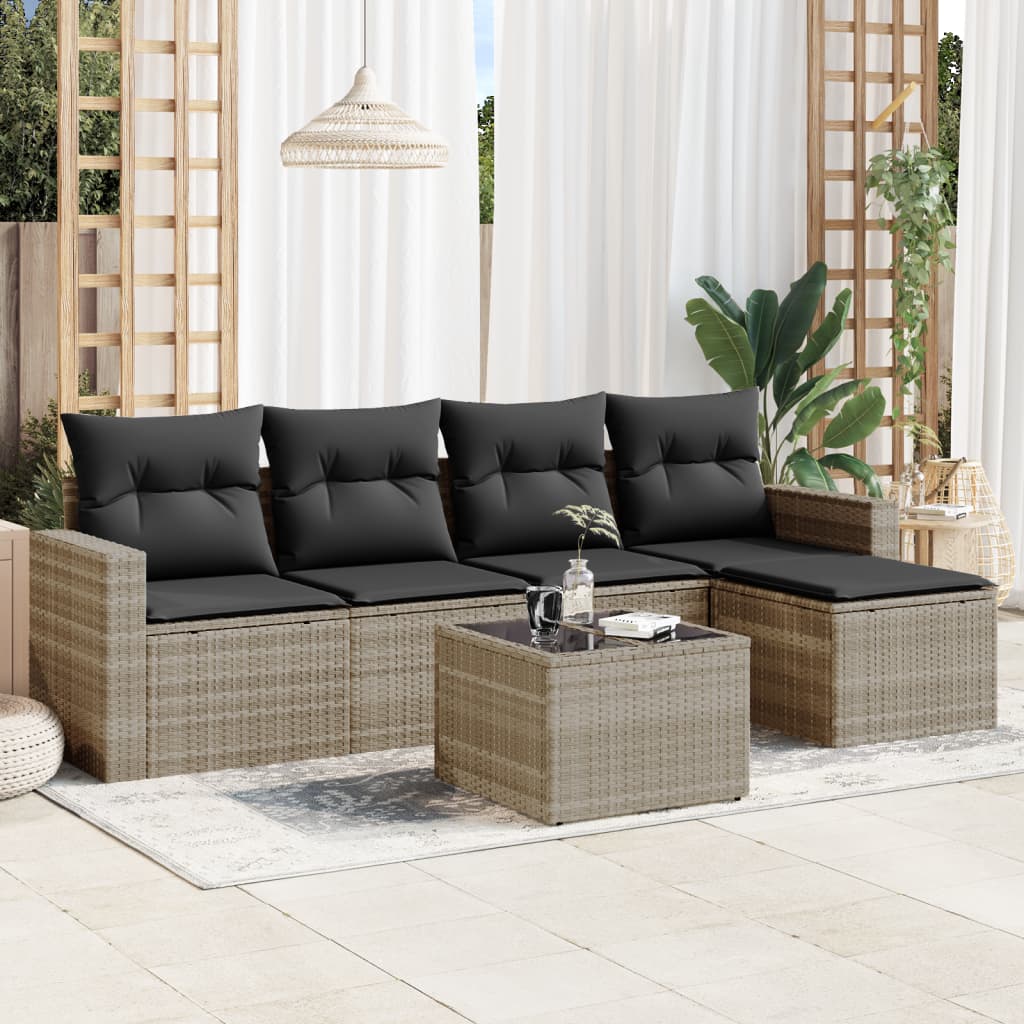 6-tlg. Garten-Sofagarnitur mit Kissen Hellgrau Poly Rattan