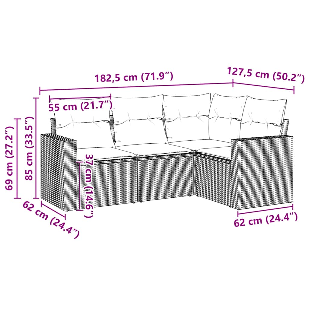 vidaXL 4-delige Loungeset met kussens poly rattan zwart afbeelding