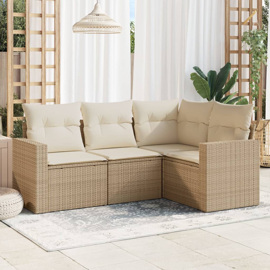 4-tlg. Garten-Sofagarnitur mit Kissen Beige Poly Rattan