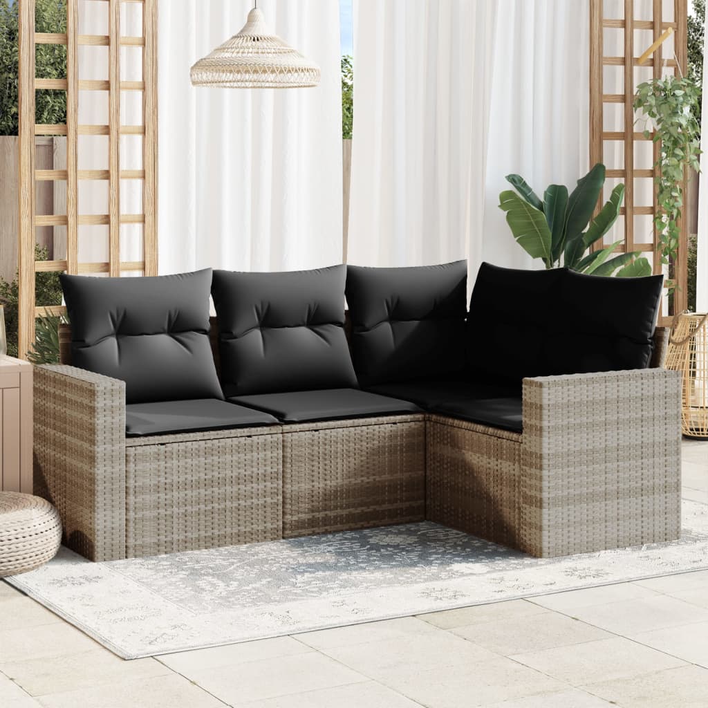 vidaXL 4-tlg. Garten-Sofagarnitur mit Kissen Hellgrau Poly Rattan