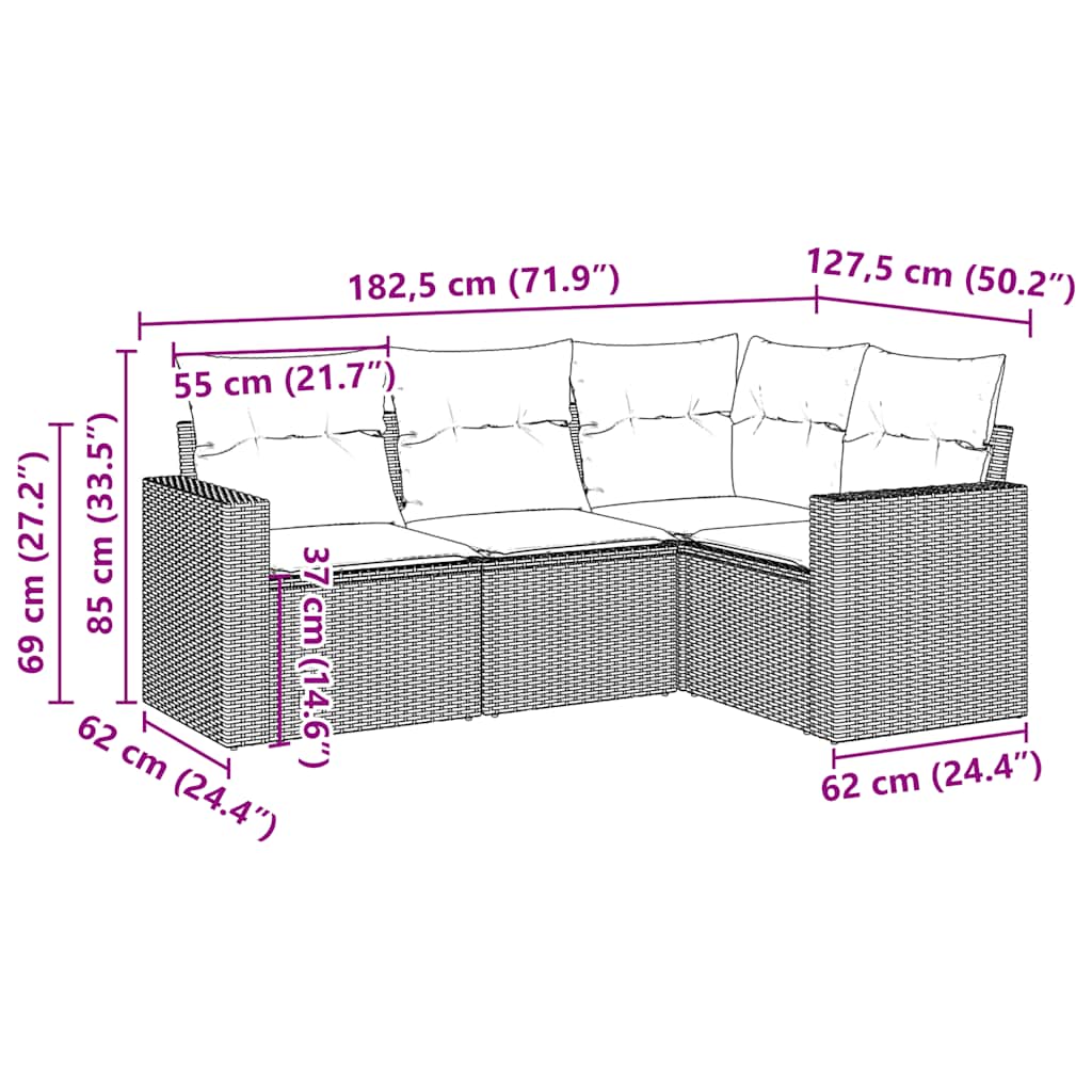 vidaXL 4-delige Loungeset met kussens poly rattan bruin afbeelding