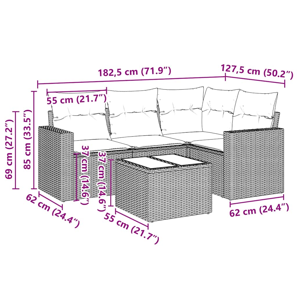 vidaXL 5-delige Loungeset met kussens poly rattan zwart afbeelding