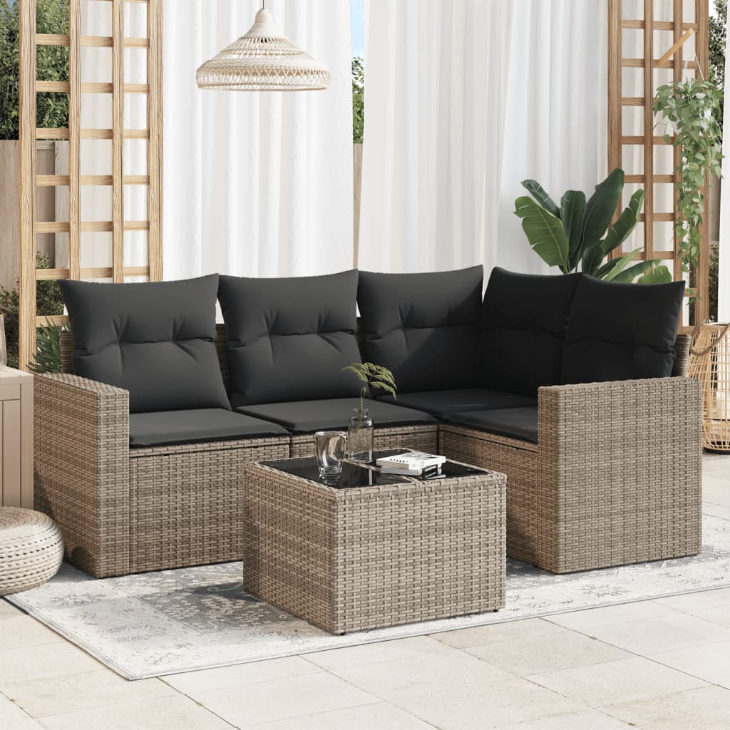 vidaXL 5-tlg. Garten-Sofagarnitur mit Kissen Grau Poly Rattan