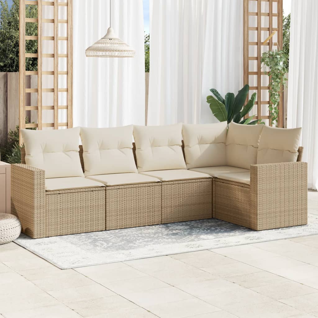 vidaXL 5-tlg. Garten-Sofagarnitur mit Kissen Beige Poly Rattan