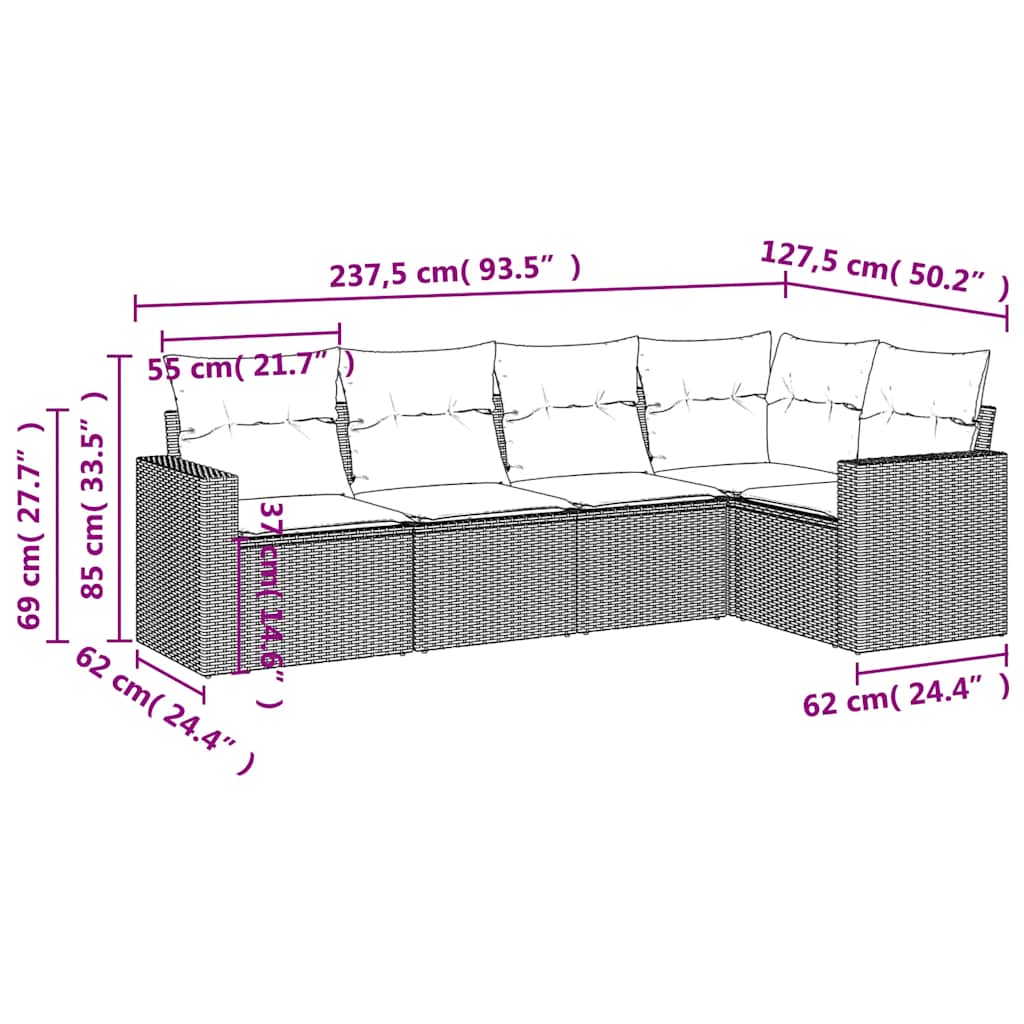 vidaXL 5-delige Loungeset met kussens poly rattan lichtgrijs afbeelding