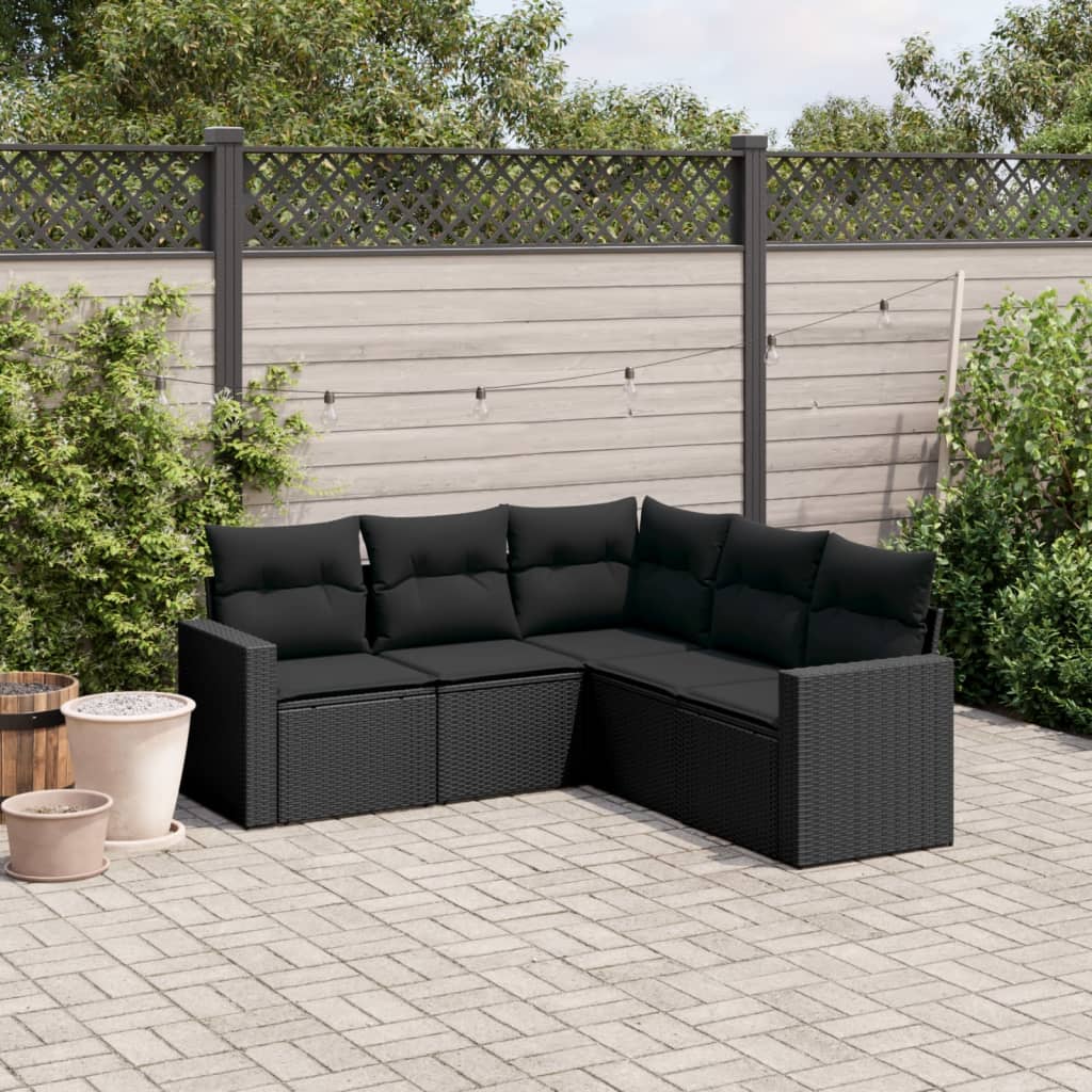 vidaXL 5 Piece Garden Sofa Set with Cushions Black Poly Rattan