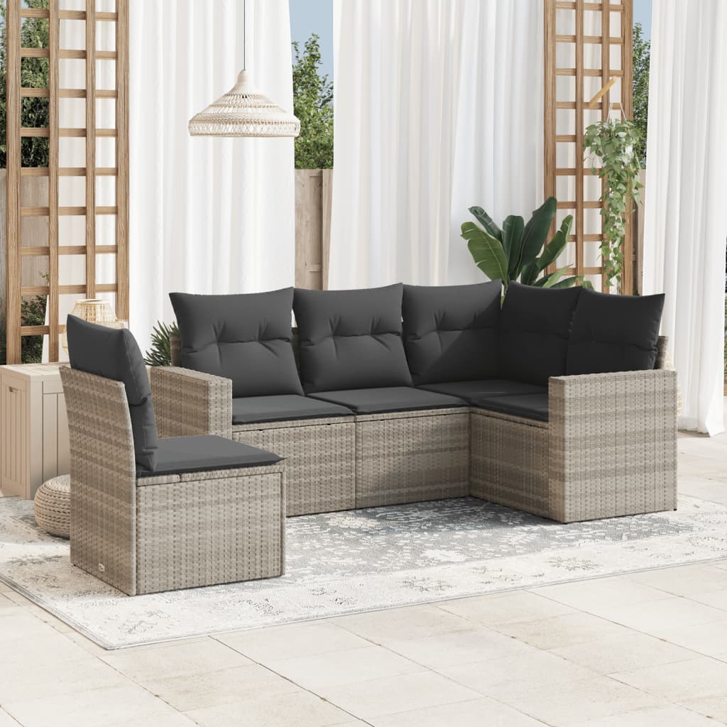 5-tlg. Garten-Sofagarnitur mit Kissen Hellgrau Poly Rattan