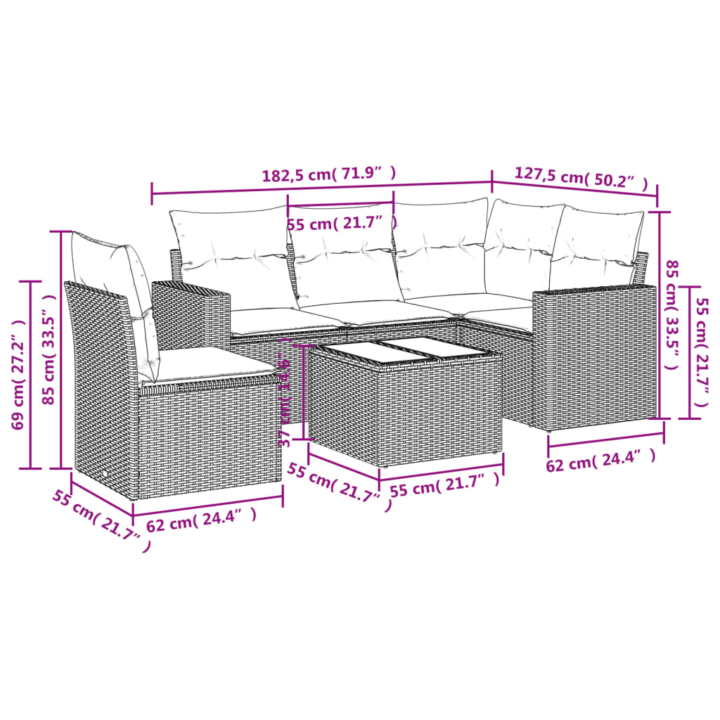 vidaXL 6-delige Loungeset met kussens poly rattan beige afbeelding