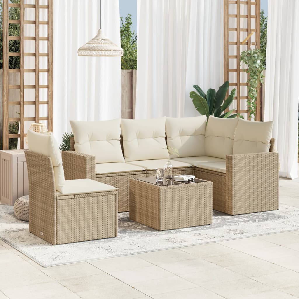 vidaXL 6-tlg. Garten-Sofagarnitur mit Kissen Beige Poly Rattan