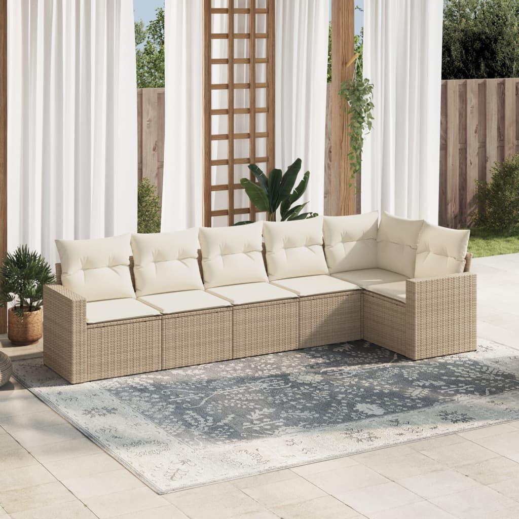 vidaXL 6-tlg. Garten-Sofagarnitur mit Kissen Beige Poly Rattan