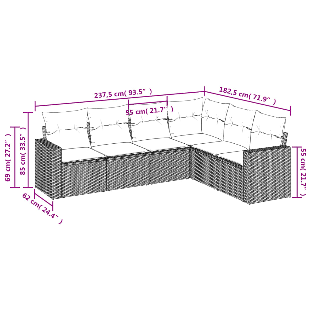 vidaXL 6-delige Loungeset met kussens poly rattan beige afbeelding