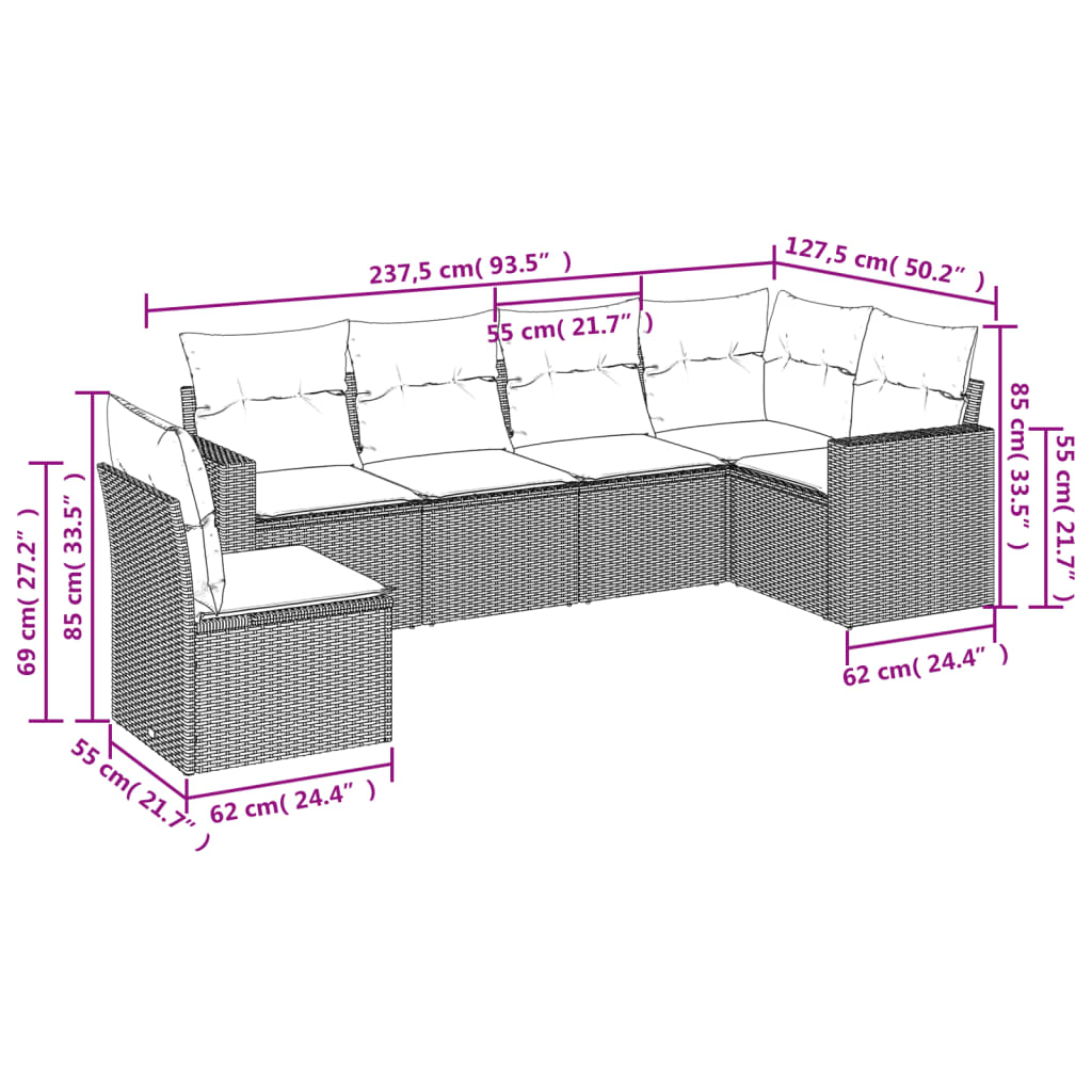 vidaXL 6-delige Loungeset met kussens poly rattan beige afbeelding