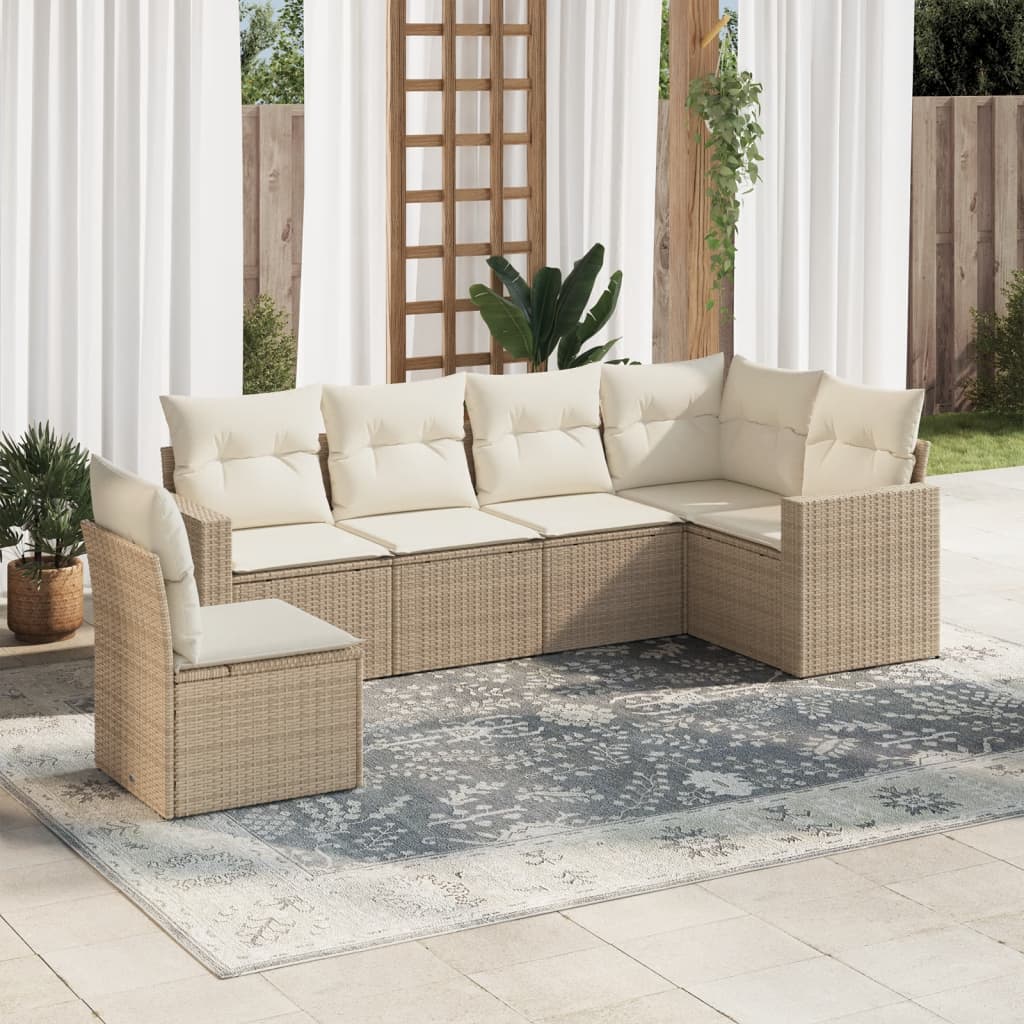 vidaXL 6-tlg. Garten-Sofagarnitur mit Kissen Beige Poly Rattan