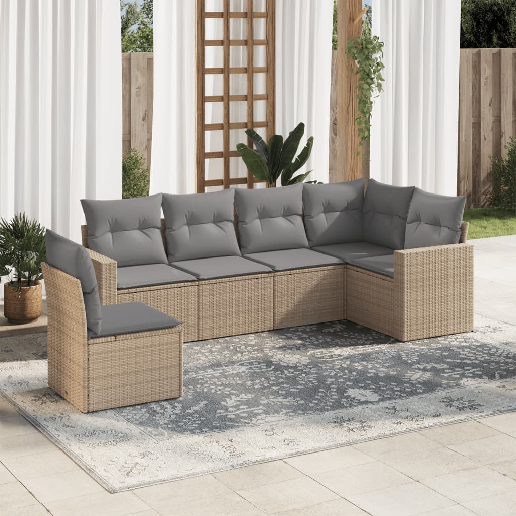 vidaXL 6-tlg. Garten-Sofagarnitur mit Kissen Beige Poly Rattan