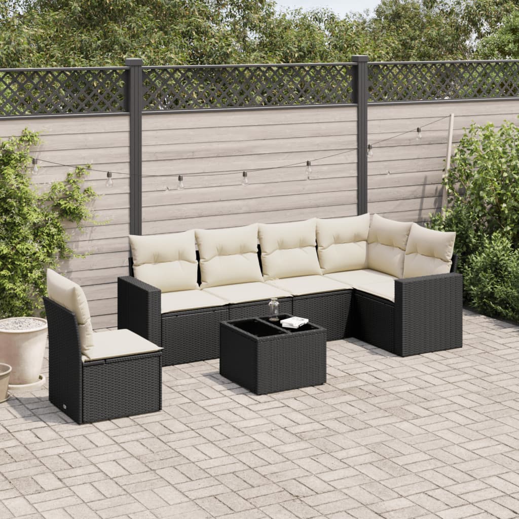 vidaXL 7-tlg. Garten-Sofagarnitur mit Kissen Schwarz Poly Rattan