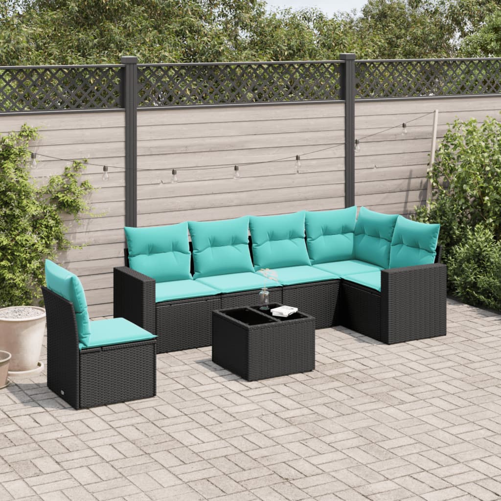 vidaXL sofasæt til haven 7 dele med hynder polyrattan sort