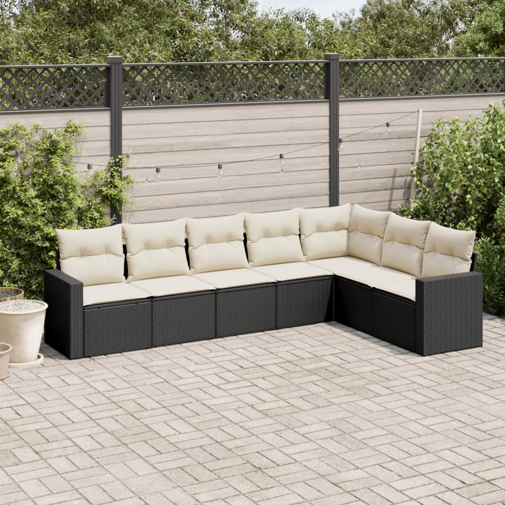 vidaXL 7-tlg. Garten-Sofagarnitur mit Kissen Schwarz Poly Rattan