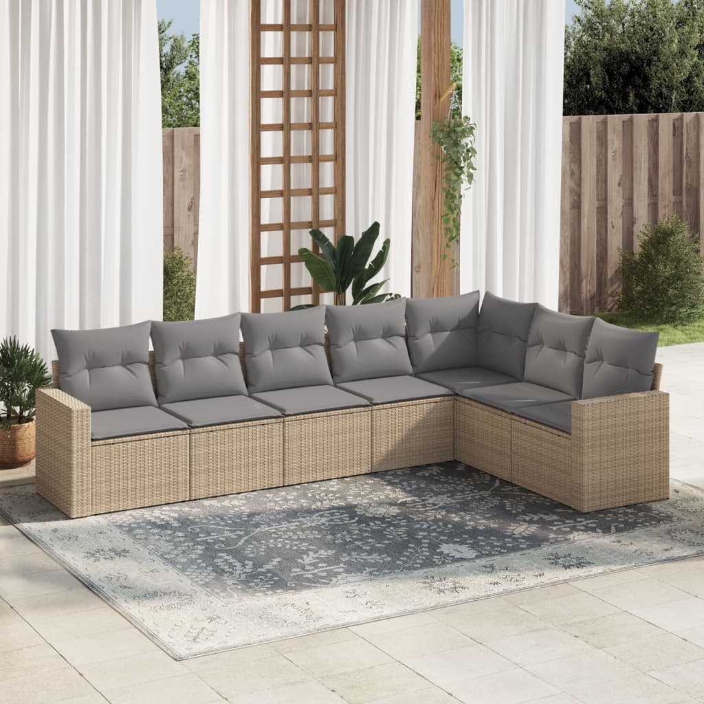 vidaXL 7-tlg. Garten-Sofagarnitur mit Kissen Beige Poly Rattan