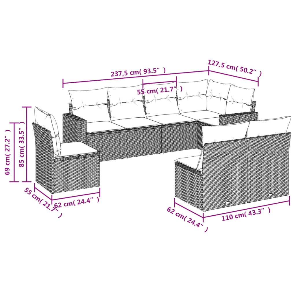 Set mobilier de grădină cu perne, 8 piese, negru, poliratan 3251402 - imagine 3