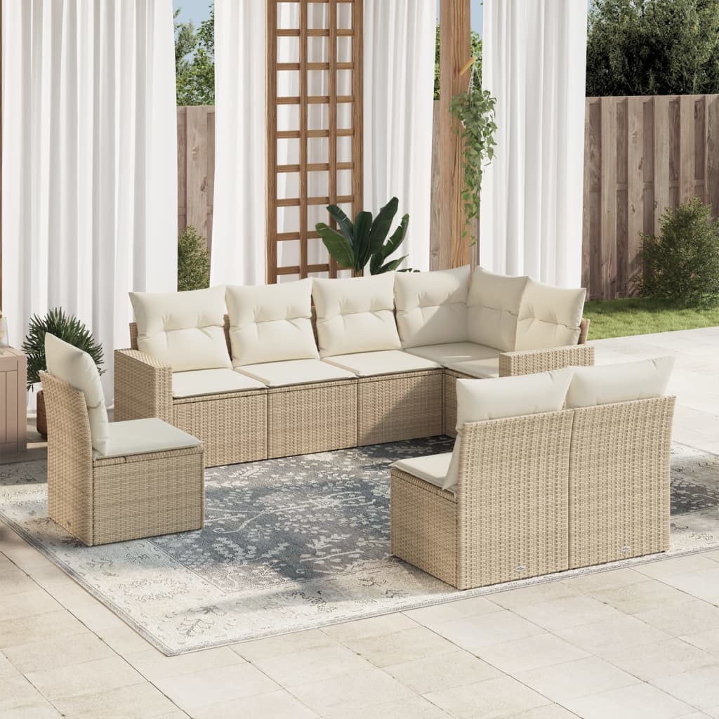 vidaXL 8-tlg. Garten-Sofagarnitur mit Kissen Beige Poly Rattan