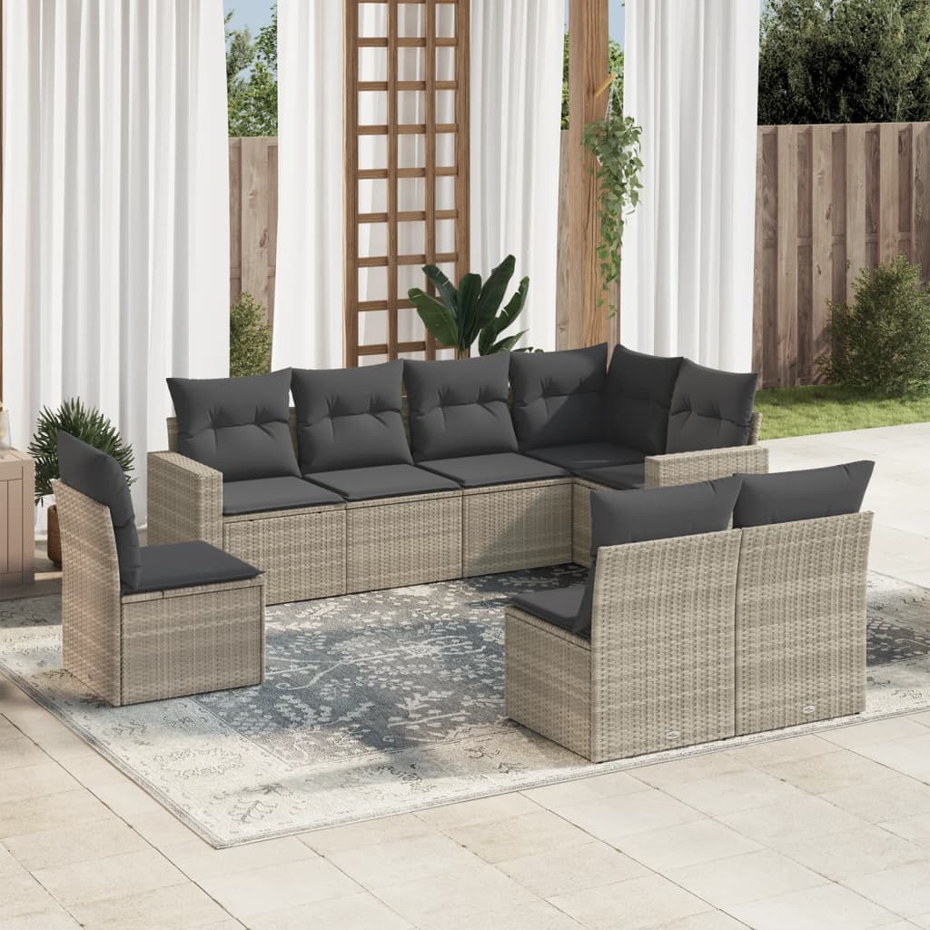 vidaXL 8-tlg. Garten-Sofagarnitur mit Kissen Hellgrau Poly Rattan