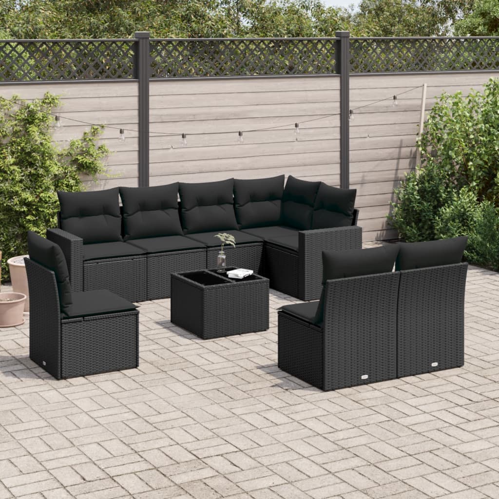 vidaXL 9-tlg. Garten-Sofagarnitur mit Kissen Schwarz Poly Rattan