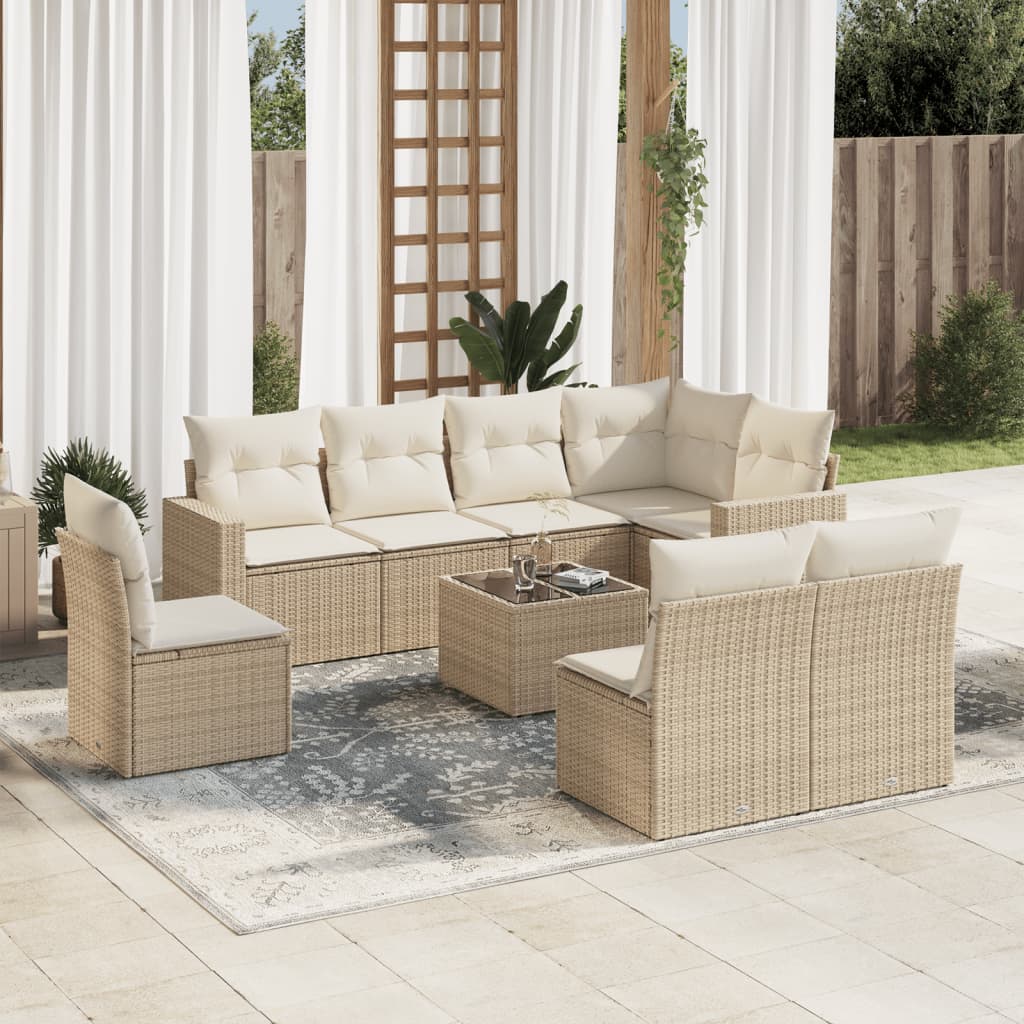 vidaXL 9-tlg. Garten-Sofagarnitur mit Kissen Beige Poly Rattan