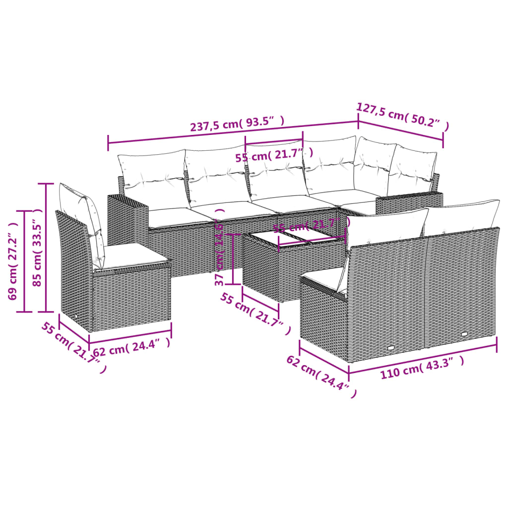 vidaXL 9-delige Loungeset met kussens poly rattan grijs afbeelding