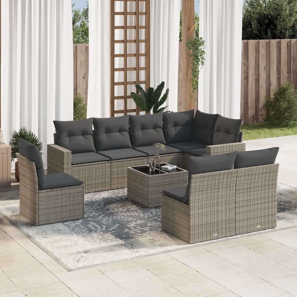 vidaXL Set canapele de grădină, 9 piese, cu perne, gri, poliratan