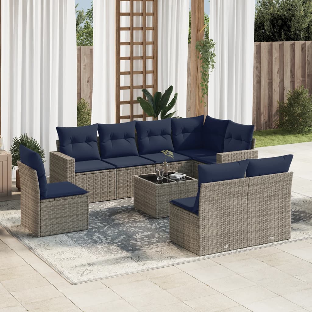 Set de sofás de jardín 9 pzas con cojines ratán sintético gris