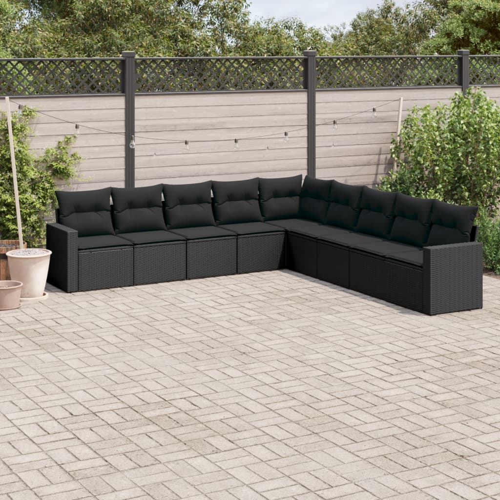 vidaXL 9 Piece Garden Sofa Set with Cushions Black Poly Rattan