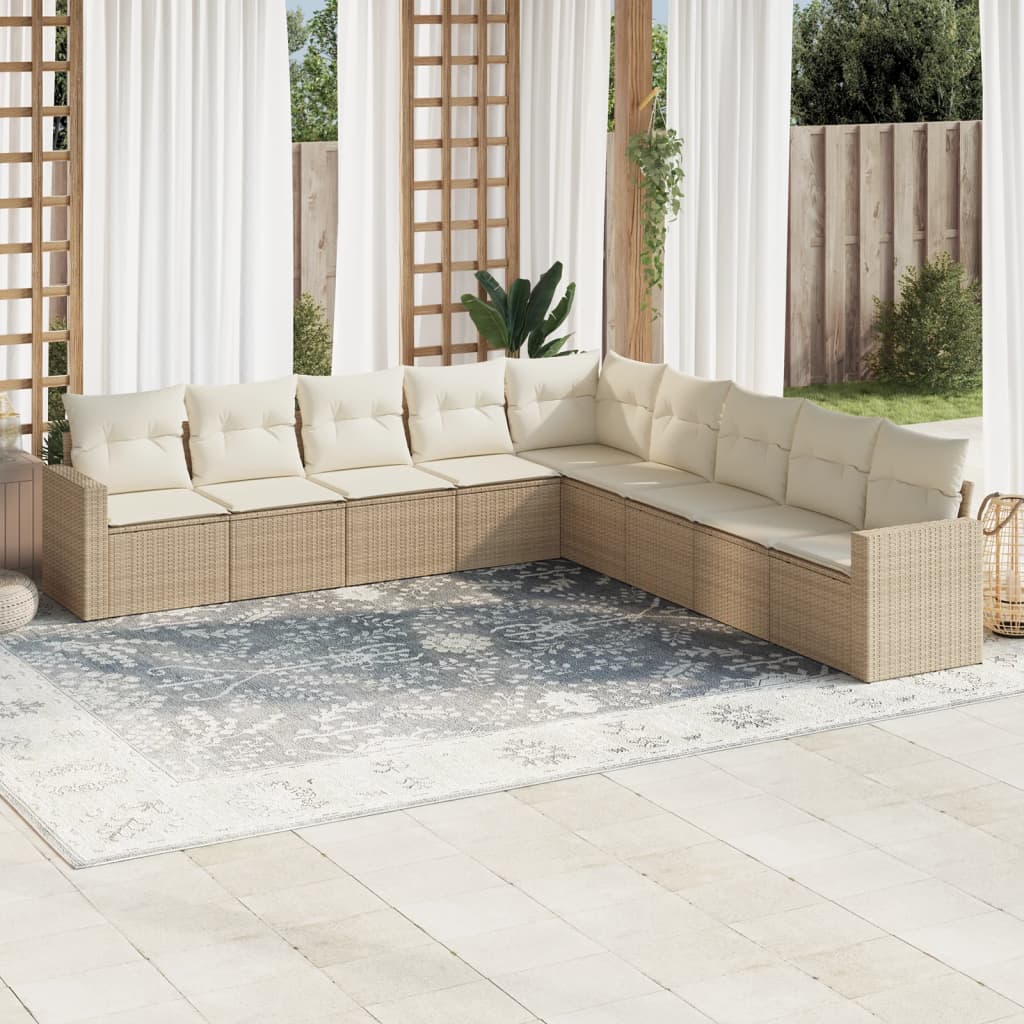 vidaXL 9-tlg. Garten-Sofagarnitur mit Kissen Beige Poly Rattan