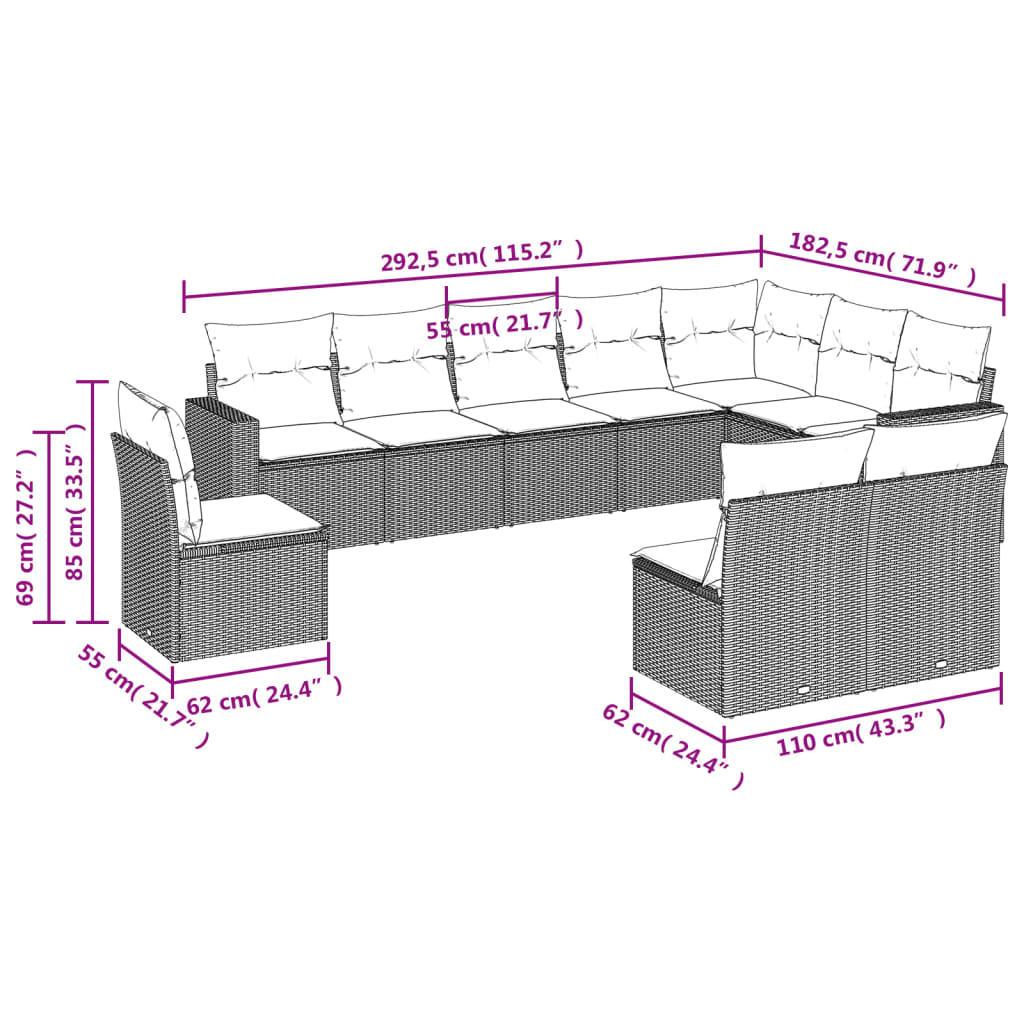 vidaXL 10-delige Loungeset met kussens poly rattan bruin afbeelding