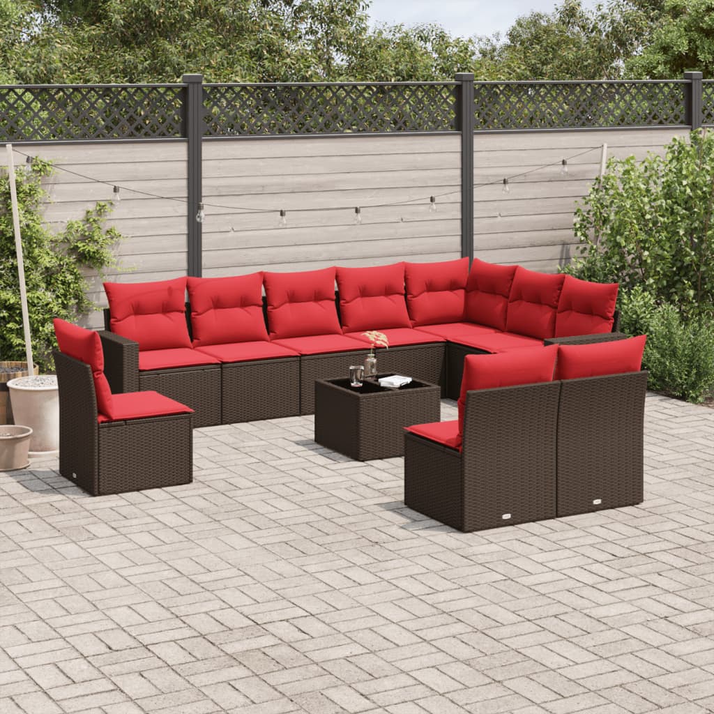 11 Piece Patio Sofa Set with Cushions Brown Poly Rattan