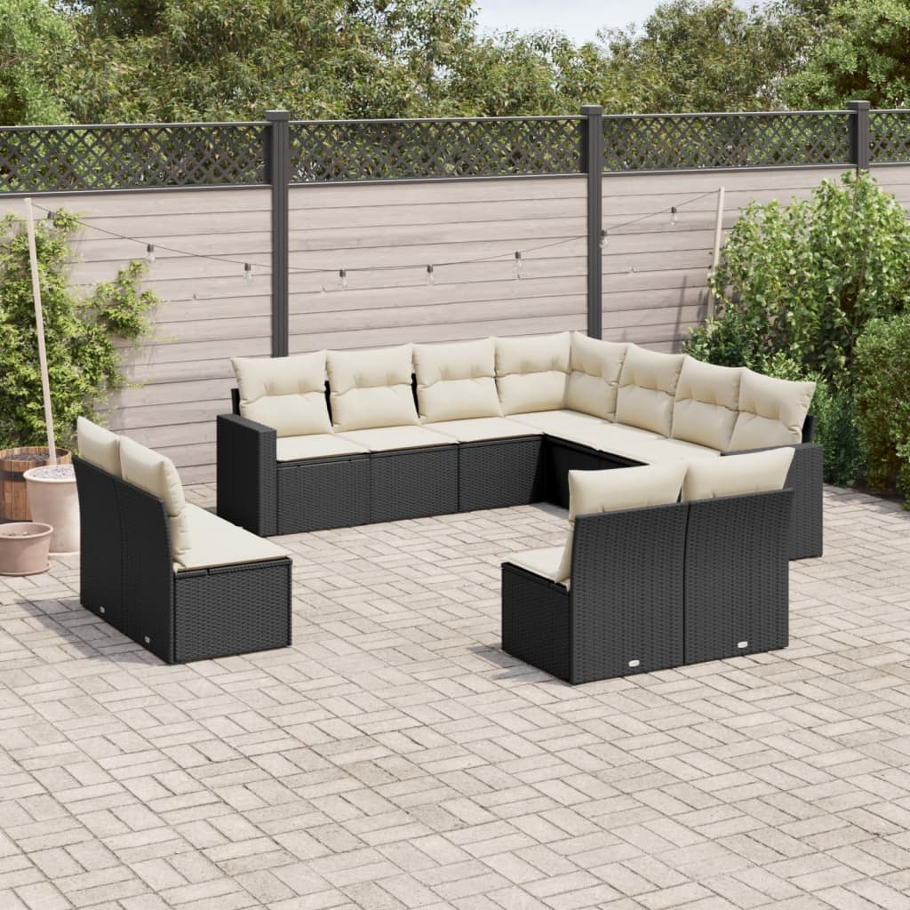 vidaXL 11-tlg. Garten-Sofagarnitur mit Kissen Schwarz Poly Rattan