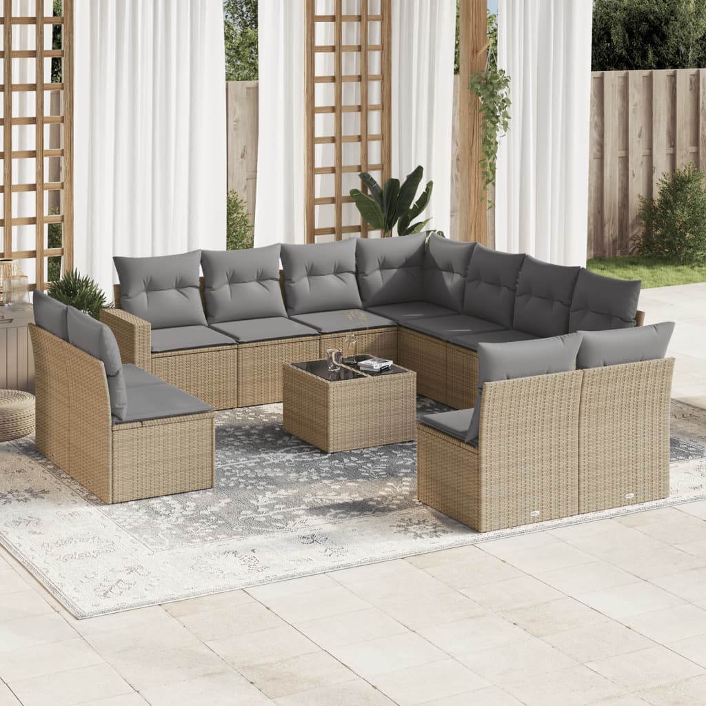 vidaXL 12-tlg. Garten-Sofagarnitur mit Kissen Beige Poly Rattan