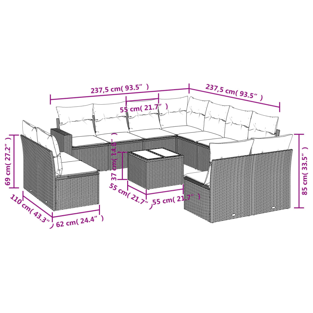 vidaXL 12-delige Loungeset met kussens poly rattan grijs afbeelding