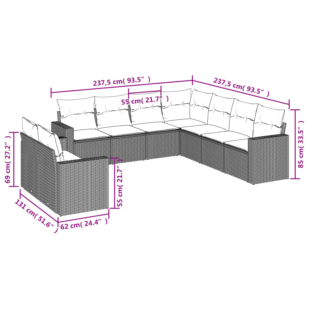 Set mobilier de grădină cu perne, 9 piese, negru, poliratan 3251482 - imagine 3