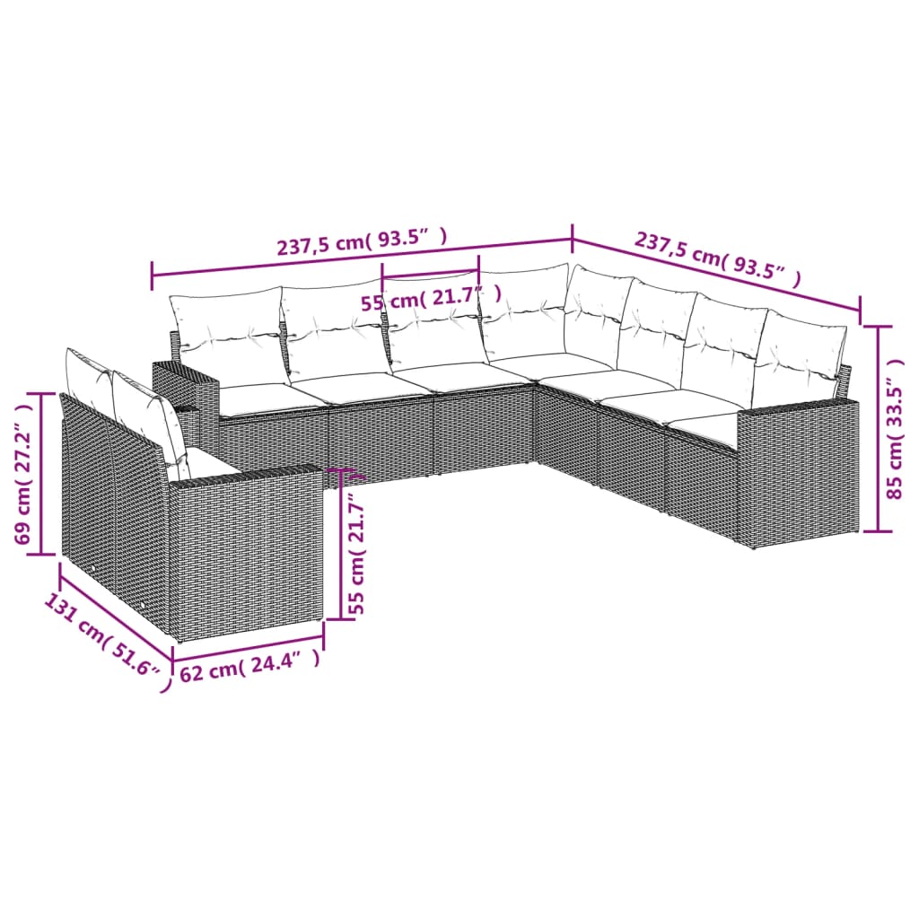 vidaXL 9-delige Loungeset met kussens poly rattan zwart afbeelding