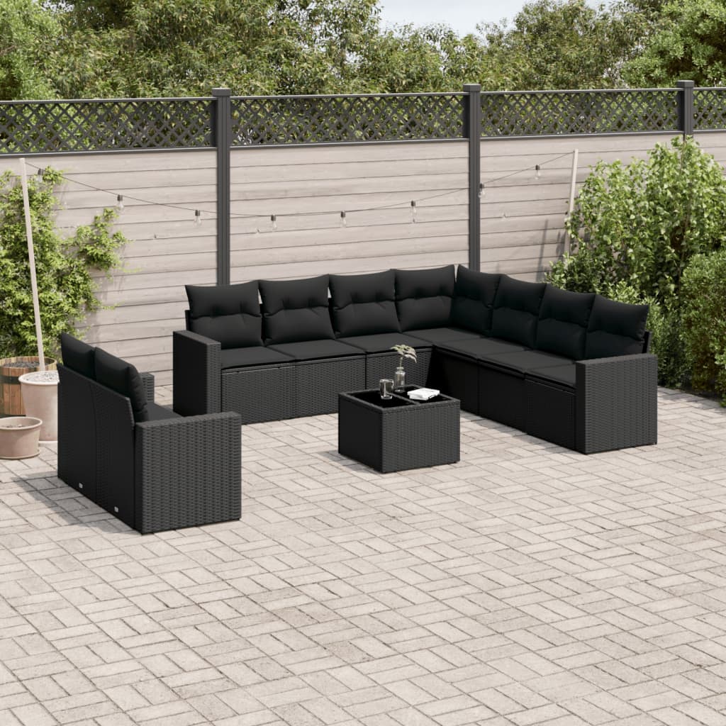 Sofasæt til haven - 10 dele med hynder og opbevaring i polyrattan, sort