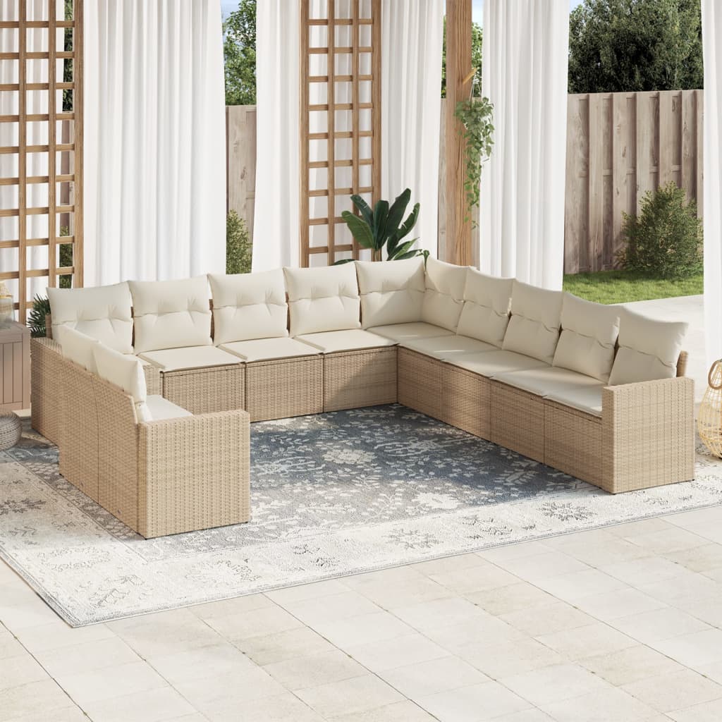 vidaXL 11-tlg. Garten-Sofagarnitur mit Kissen Beige Poly Rattan