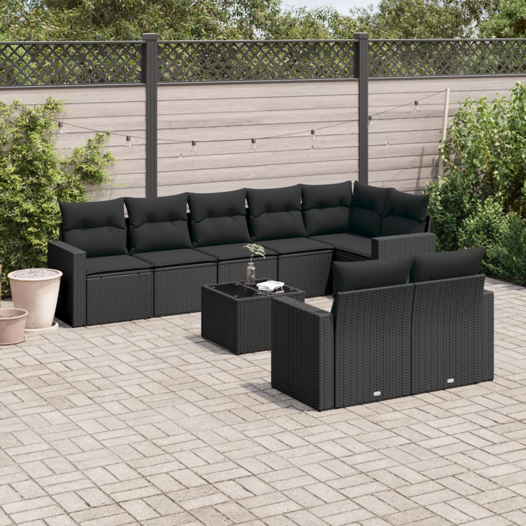 vidaXL 9-tlg. Garten-Sofagarnitur mit Kissen Schwarz Poly Rattan